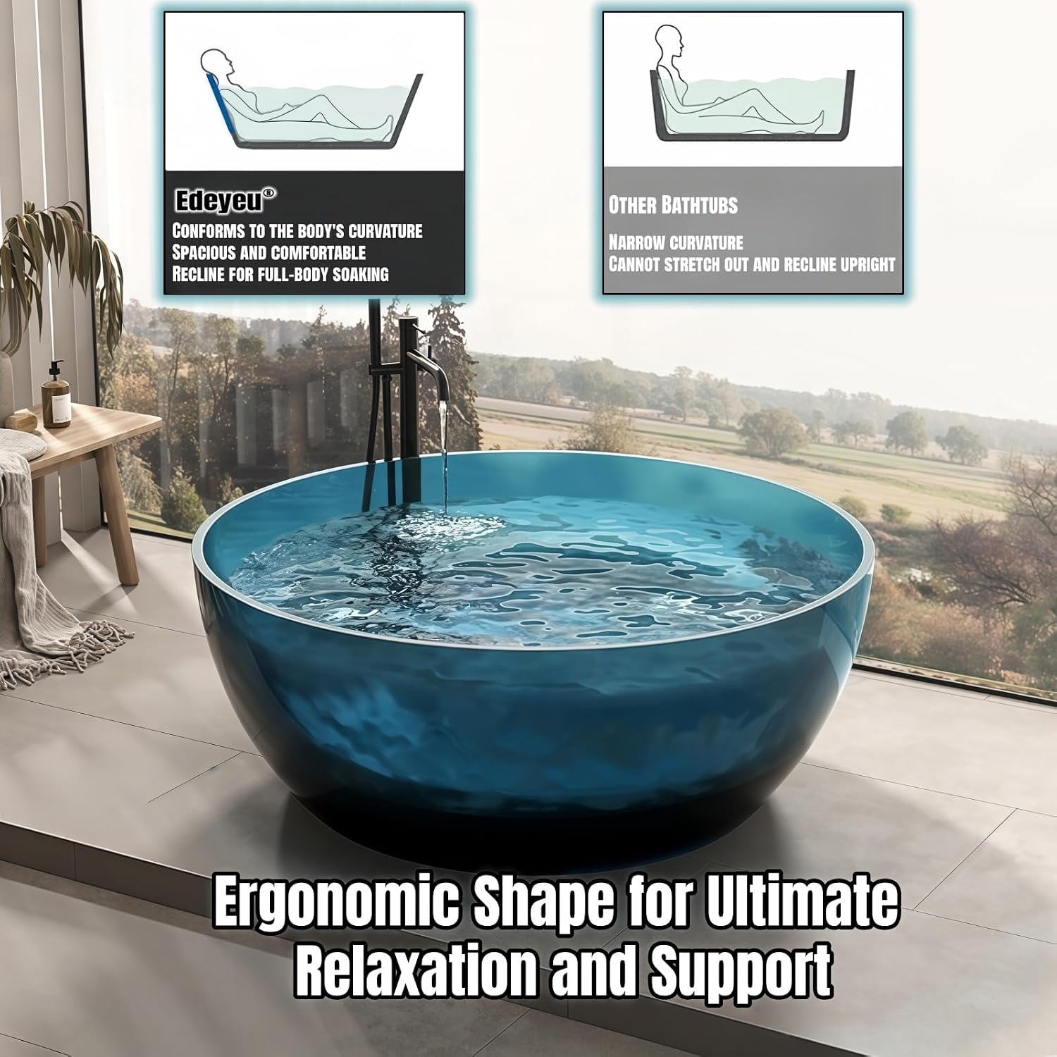 56' Edeyeu Round Freestanding Bathtub - Modern Soaker Tub, Extra-Deep Freestanding Tub with a Crystal-Clear Solid Surface, Suitable for Villas, Apartments, and Hotels Blue