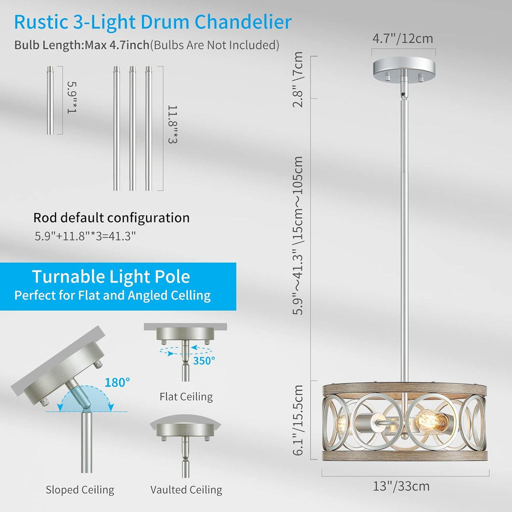 XINGQI 13' Rustic Drum Pendant Lighting Fixture Modern Chandelier 3-Light Height Adjustable Ceiling Lamp for Dining Room Kitchen Island Living Room Bedroom Foyer Hallway, Brushed Nickel