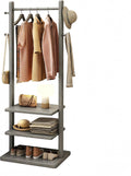 Solid Wood Coat Rack Stand with 3-Tier Shelves & 4 Hooks, Heavy Duty Freestanding Garment Rack for Entryway & Bedroom, Open Wardrobe Clothing Organizer, Walnut Finish(Gray,15.7in)