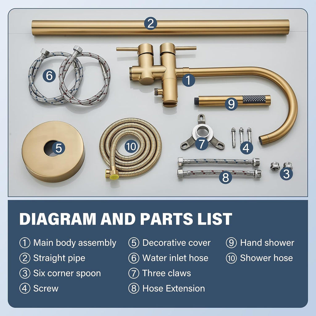 Brushed Gold Freestanding Bathtub Faucet with Hand Shower Tub Filler Faucet Floor Mounted High Flow Single Handle Bath Filler Solid Brass
