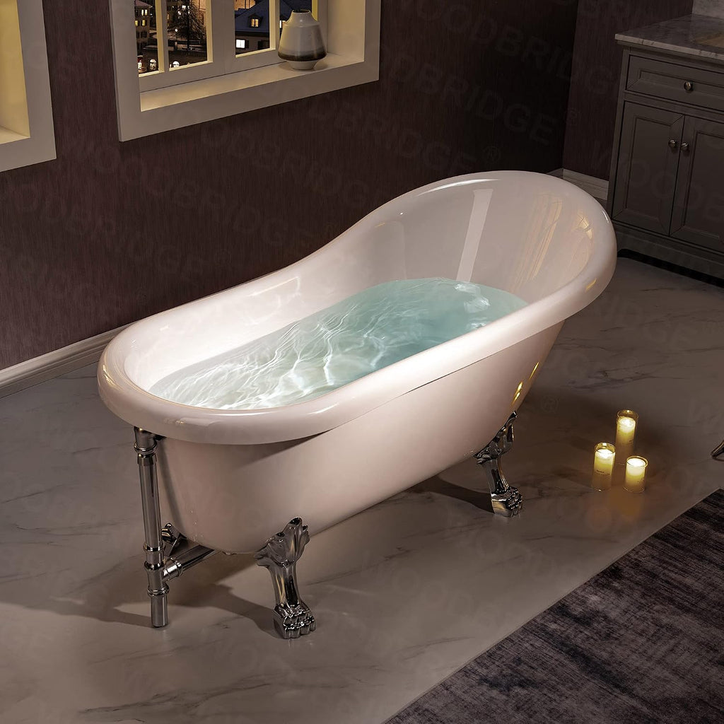 WOODBRIDGE 59' Heavy Duty Acrylic Slipper Clawfoot Bath Tub with Chrome Feet + Chrome Drain &Overflow