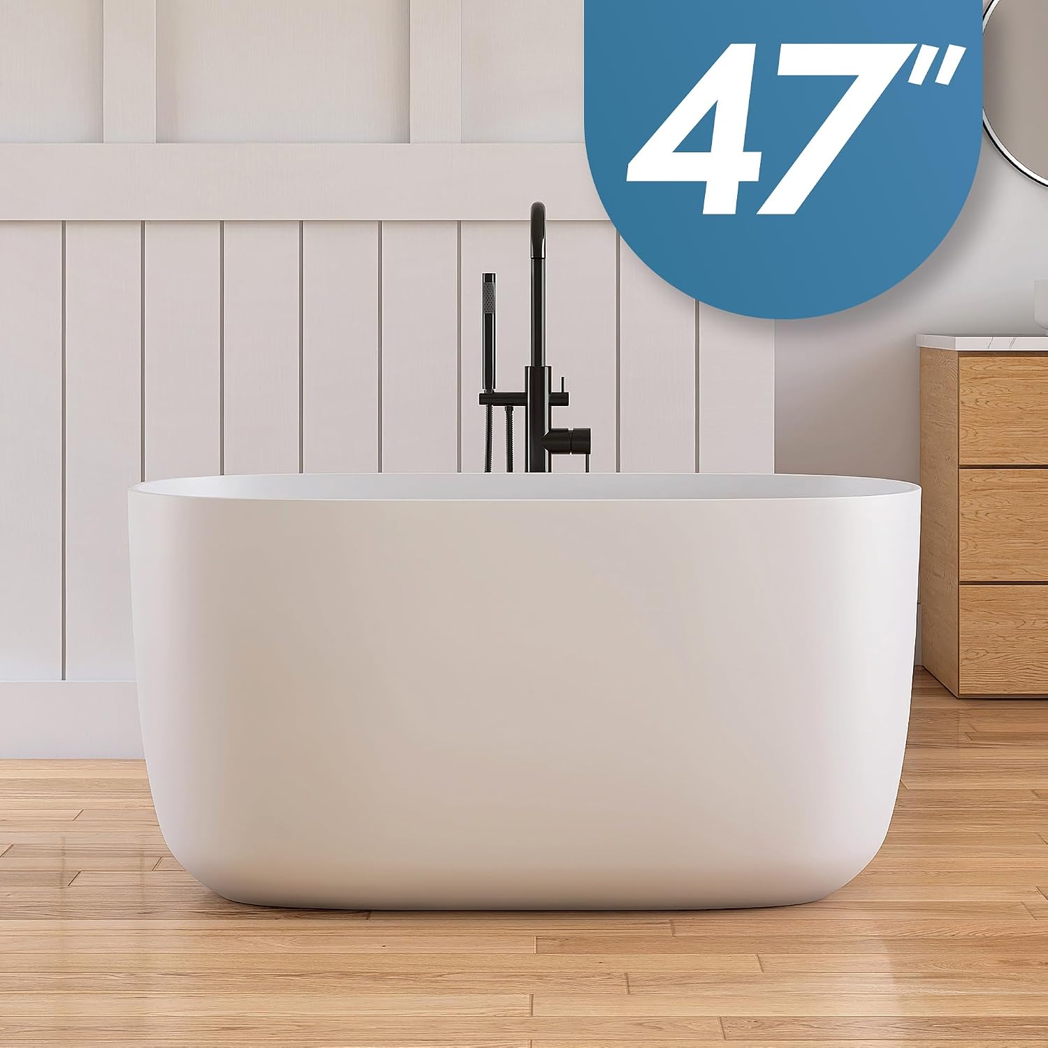47' Stone Resin Freestanding Bathtub, Oval Solid Surface Bathroom Freestanding Tub, Thin Edge Stand Alone Tub with Integrated Slotted Overflow and Pop-up Drain, Matte White AMG025-1200