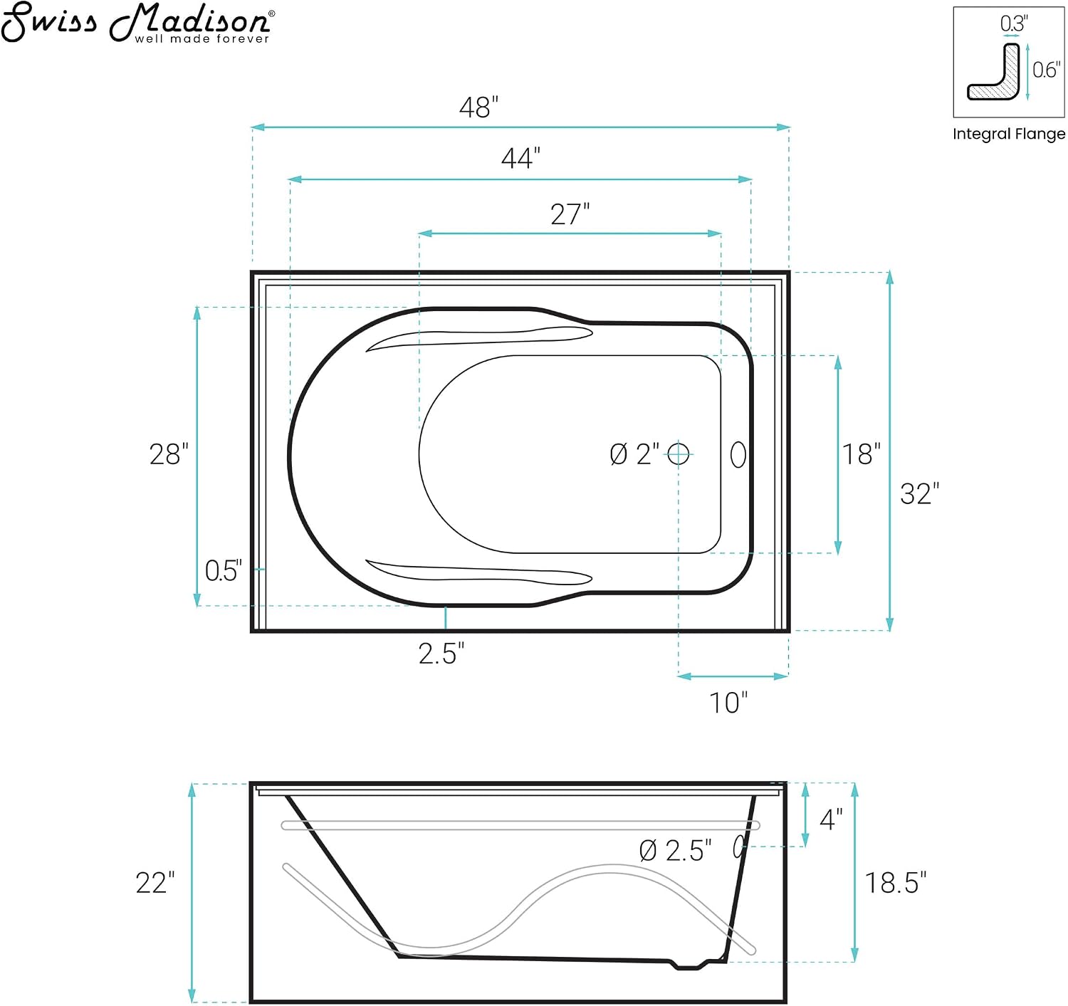 Ivy 48'' x 32' Bathtub with Apron Right Hand Drain in White