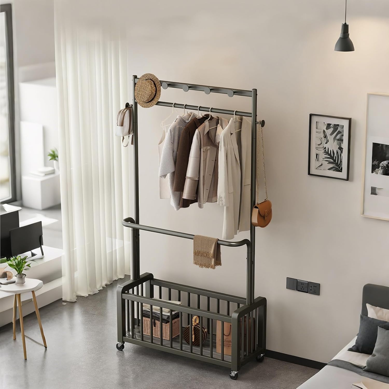 Clothes Rack With Storage Mesh Shelf,Garment Rack With Wheels,Heavy-Duty Metal Clothing Rack,Portable Rolling Clothing Rack For Entryway,Bedroom(White,60cm/23.6in)