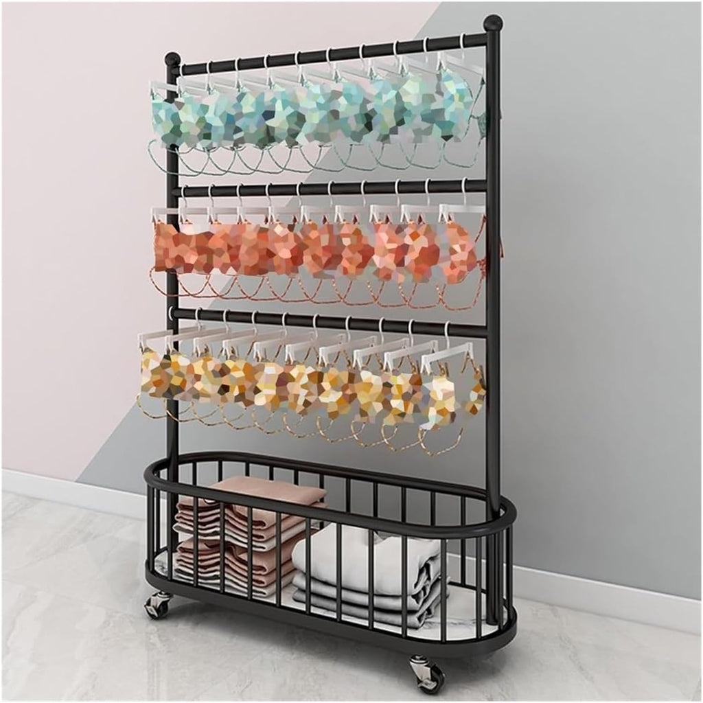 Clothes Rail Garment Rack 3-Tier Floor-Standing Bra Rack, Metal Underwear Panty Shorts Display Stand with Wheels, Storage Shelf for Bedroom/Boutique/C