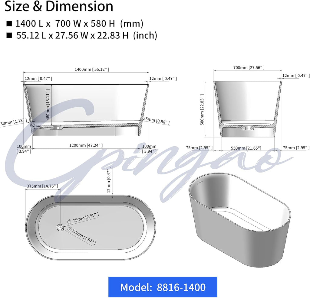 Cpingao 55' Stone Resin Freestanding Bathtub, Modern Oval Solid Surface Soaking Stand Alone Tub, Matte White, Drain & Overflow Included 8816-1400