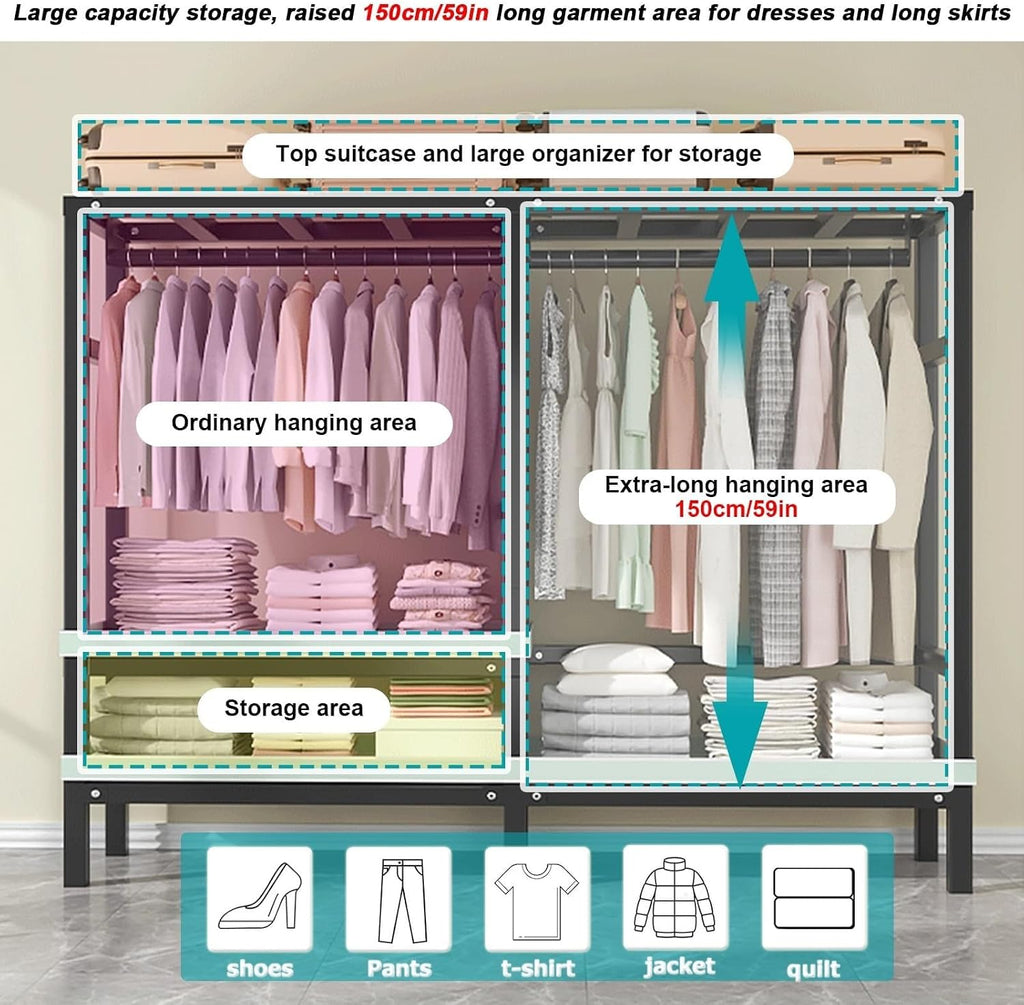 Foldable Wheeled Clothes Rack - Portable Heavy Duty Wardrobe Closet, Load 2000lbs/With Cover Bedroom Armoires Freestanding Clothing Coat Storage Rack Rolling Garment Rack For Hanging Clothes ( Size :
