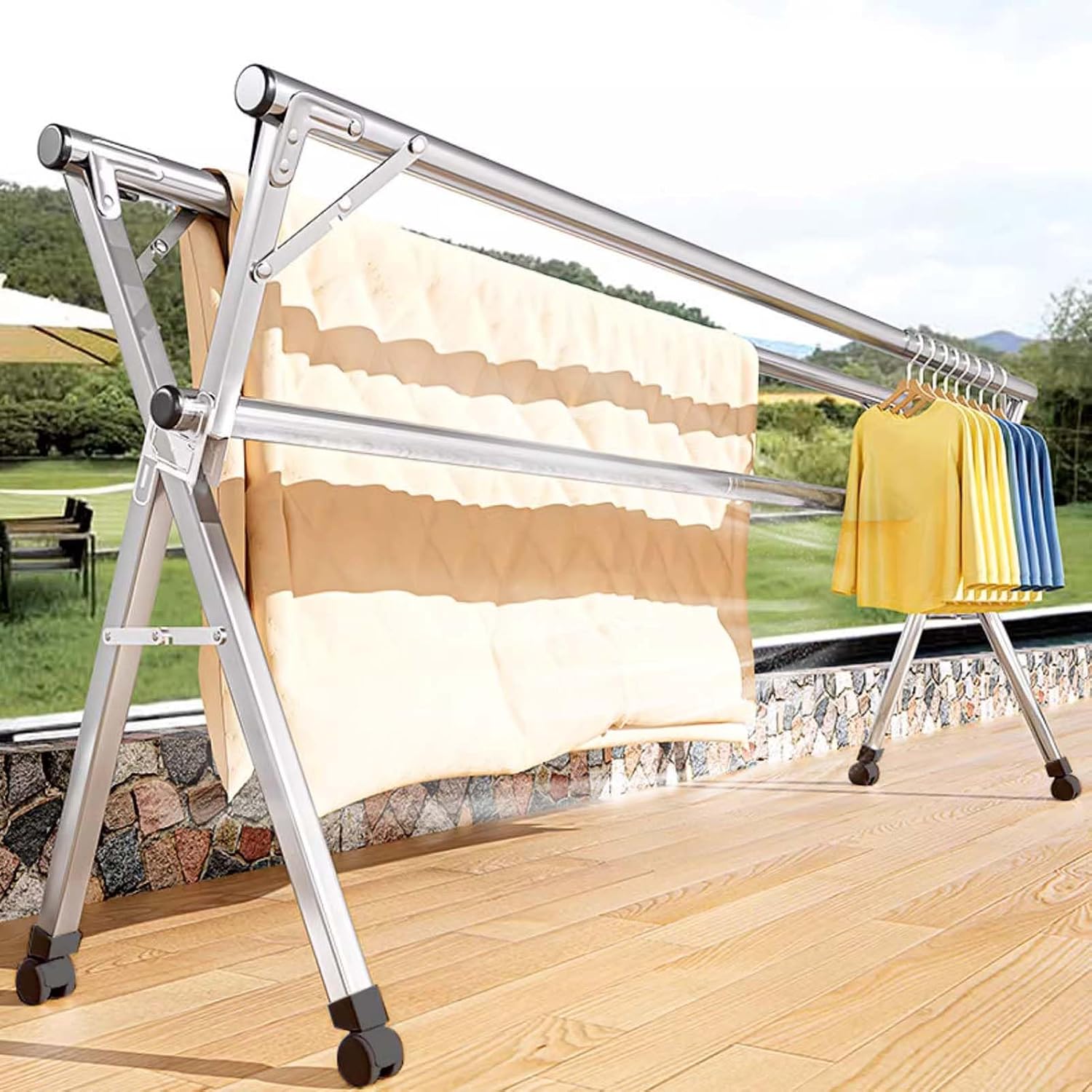 Clothes Drying Rack for Laundry, Stainless Steel Garment Rack, Foldable & Collapsible Laundry Drying Rack, Length Adjustable Space Saving Garment Rack, for Indoor Outdoor
