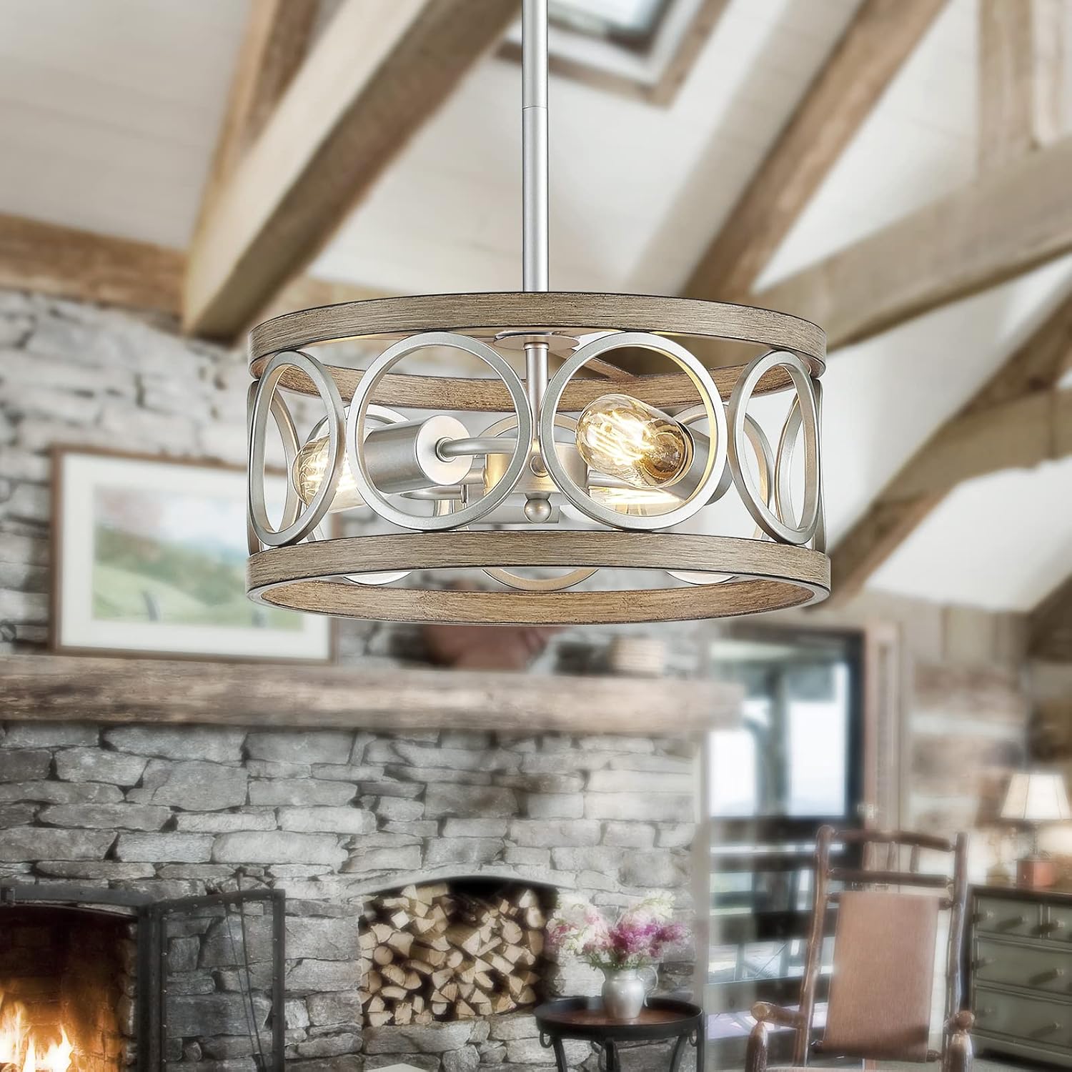 XINGQI 13' Rustic Drum Pendant Lighting Fixture Modern Chandelier 3-Light Height Adjustable Ceiling Lamp for Dining Room Kitchen Island Living Room Bedroom Foyer Hallway, Brushed Nickel