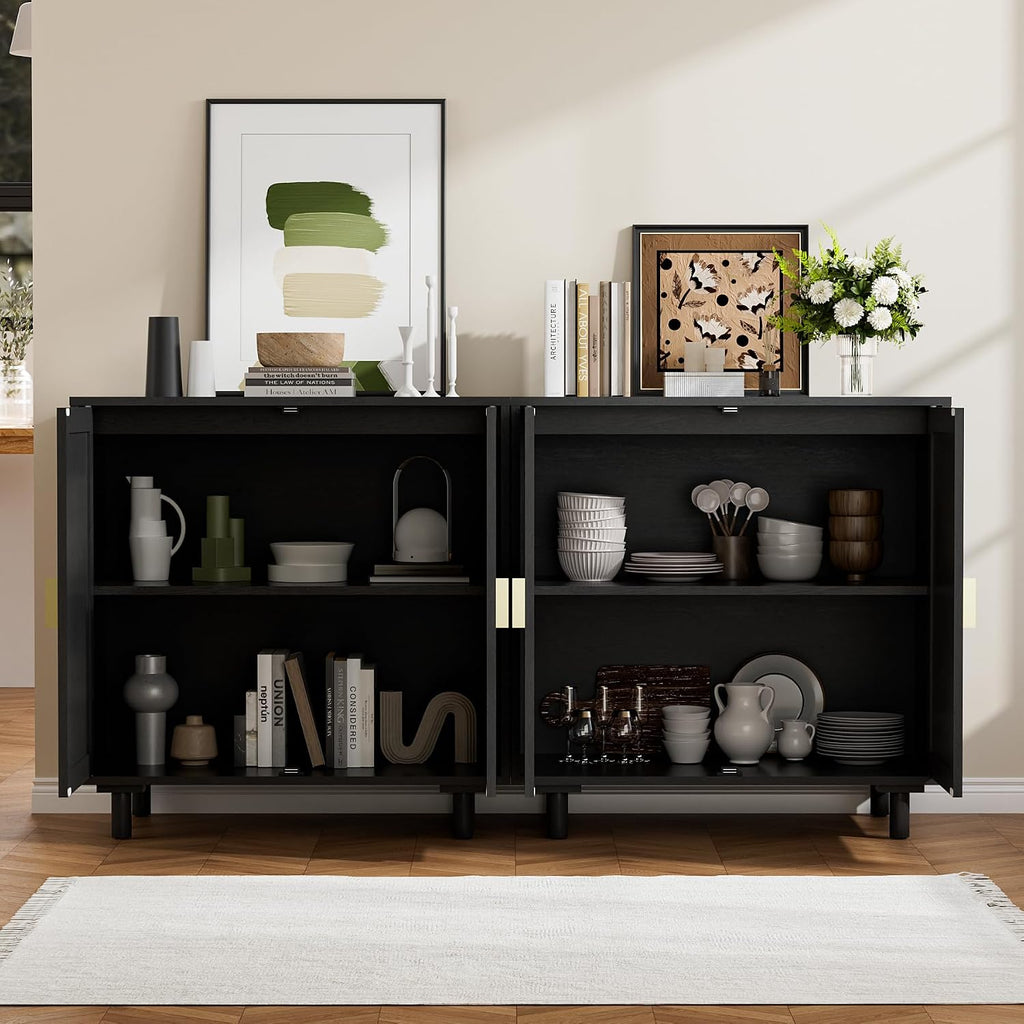 Modern Rattan Storage Sideboard Cabinet, Black Wood Buffet with Magnetic Latch, Adjustable Shelf. [2Pcs, Black]