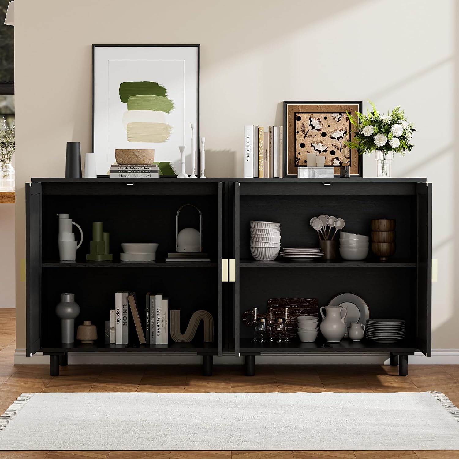 Modern Rattan Storage Sideboard Cabinet, Black Wood Buffet with Magnetic Latch, Adjustable Shelf. [2Pcs, Black]