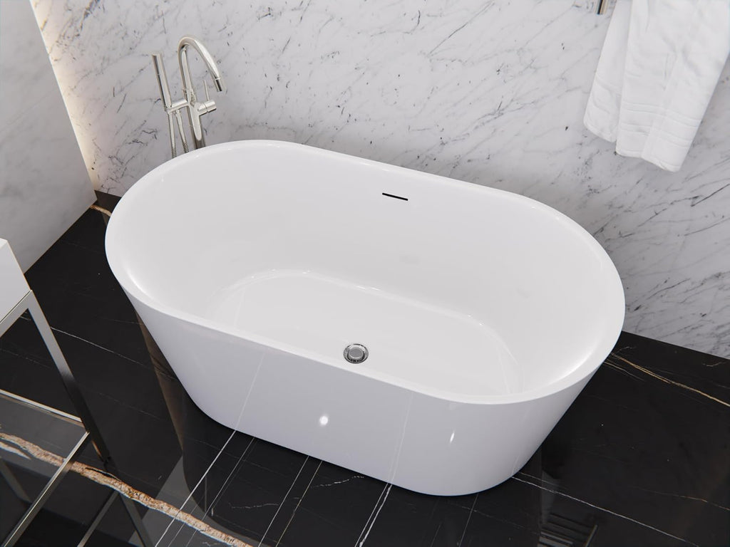ANZZI Freestanding Bathtub 55 In Acrylic Soaking Tub Flat Bottom One Piece Marine Grade Build Glossy White Center Drain Chrome Overflow 73 Galon 55.12 x 29.53 x 22.83'' In Chand Series | FT-AZ098-55