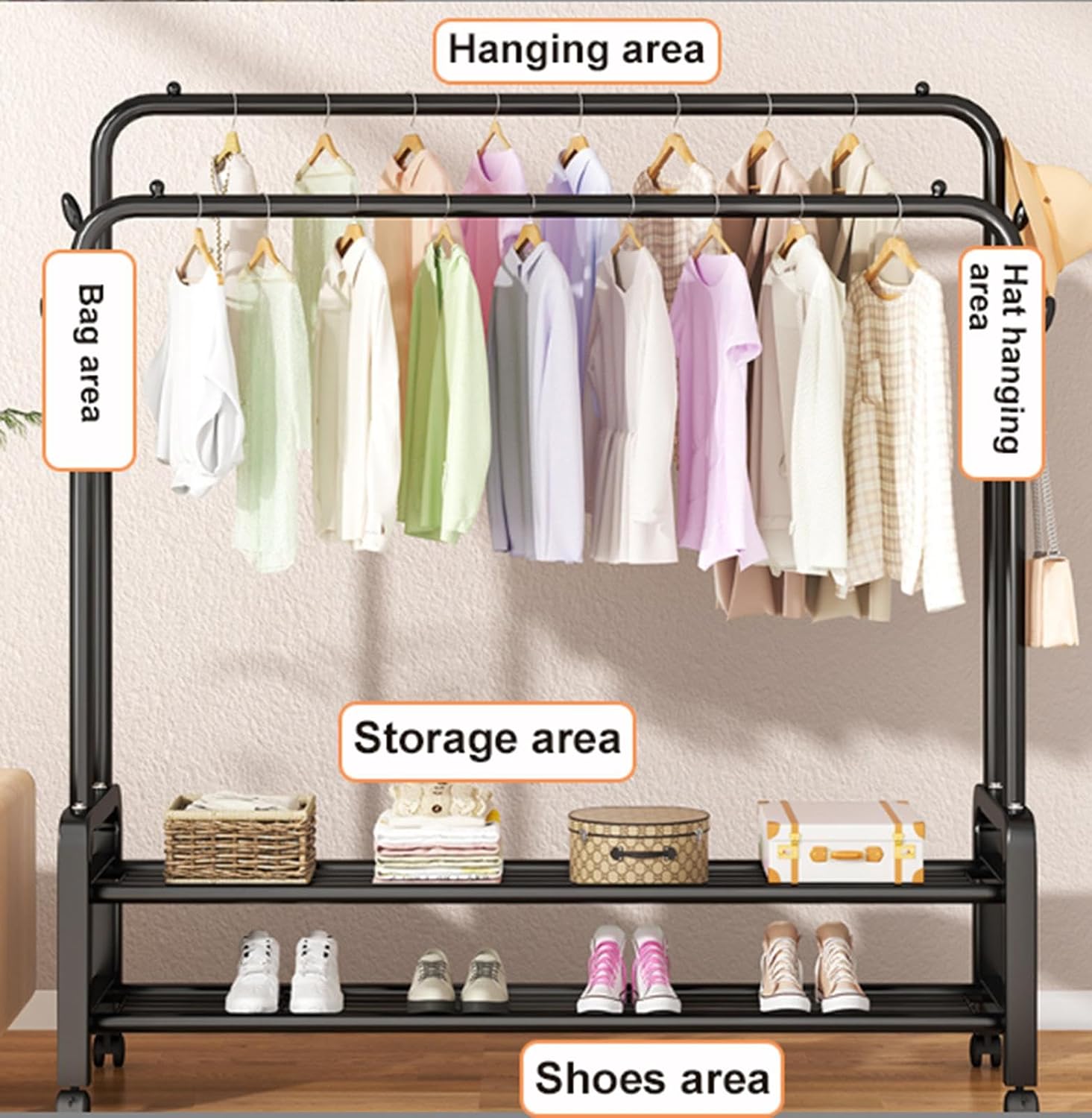 Freestanding Garment Rack for Bedroom,Multi-Functional Double Rods Clothing Rackwith Bottom Shelves and 4 Hooks,Portable Clothes Rack for Hanging Clothes,A-135 * 58 * 154cm