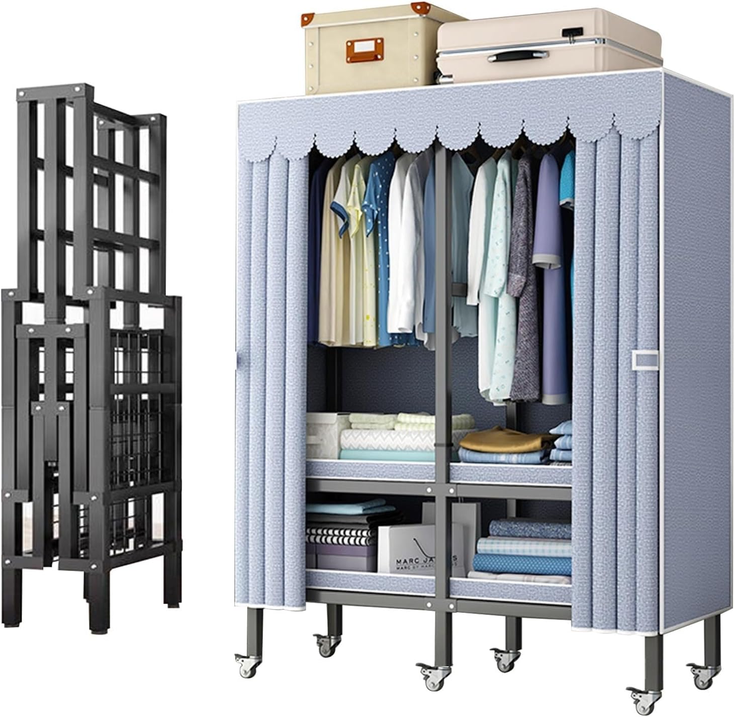 Heavy Duty Metal Mobile Clothes Drying Rack - Rolling Foldable Clothes Rack With Cover And Wheels/1500 Lbs Large Capacity Wardrobe Closet/Independent Clothing Organization System For Bedroom(Size:130*