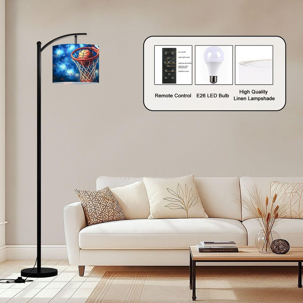 Arc Floor Lamp Sports Baseball Sport Theme Vintage Basketball Hoop Net Sky Dynamic Tall Standing Lamp Modern Dimmable with Remote Adjustable Drum Shade Footswitch for Living Room Bedroom Office