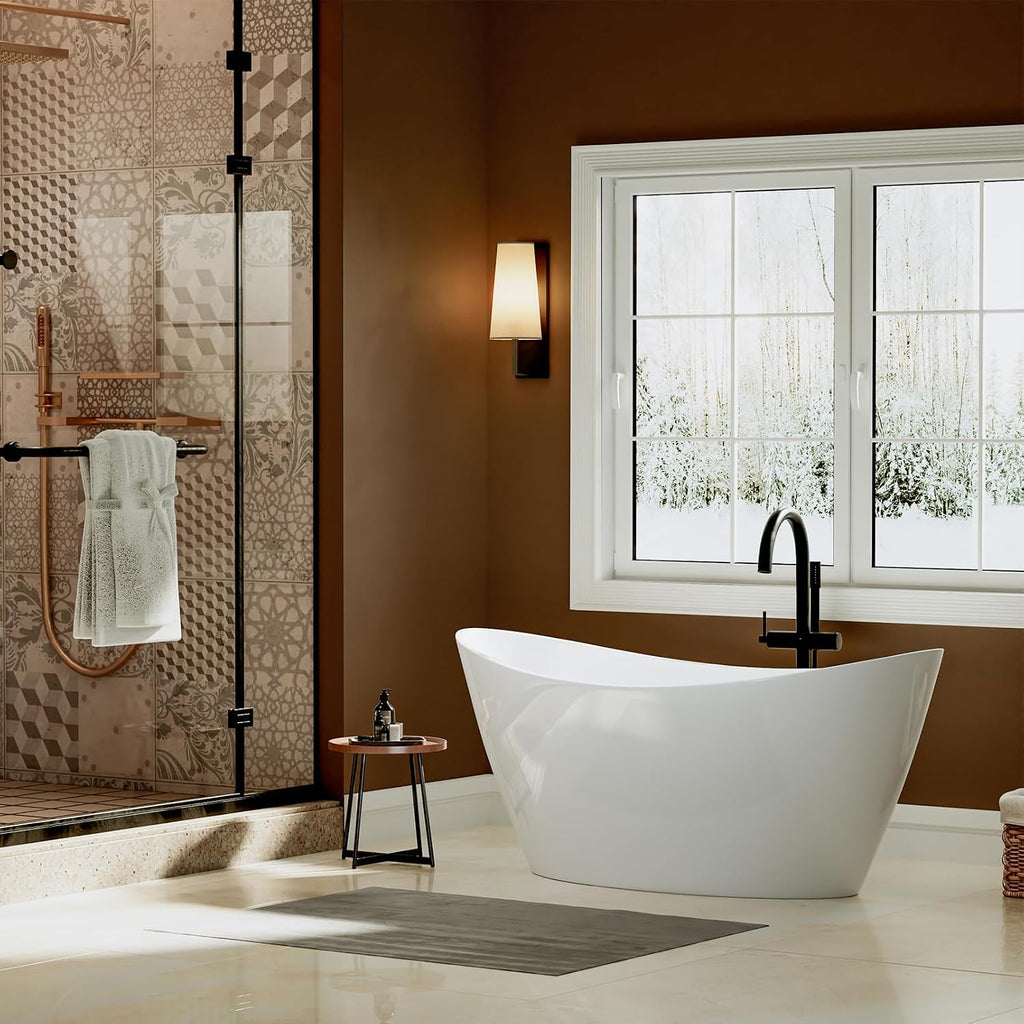 Empava 59' Freestanding Bathtub – Deep Soaking Acrylic Tub for Small Bathroom, Non-Slip Flatbottom, Stress Relief Home Spa, Brushed Nickel Drain & Overflow, Single Adult, Glossy White
