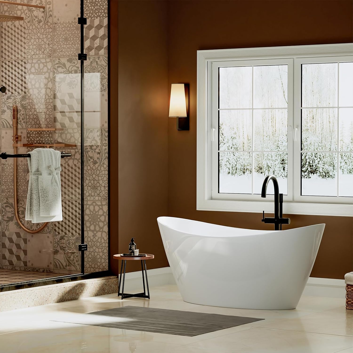 Empava 59' Freestanding Bathtub – Deep Soaking Acrylic Tub for Small Bathroom, Non-Slip Flatbottom, Stress Relief Home Spa, Brushed Nickel Drain & Overflow, Single Adult, Glossy White