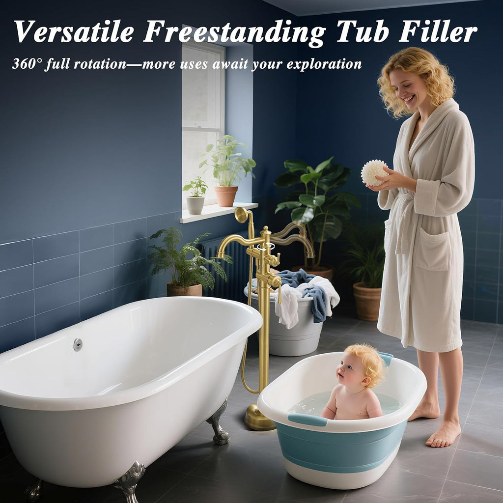 Free Standing Tub Faucet, Qinkell Classic Elegant Gooseneck Freestanding Bathtub Faucet with Sprayer Brass Luxury Floor Mount Bath Faucets High Flow Roman Tub Filler, Brushed Gold (QC-202511BG)