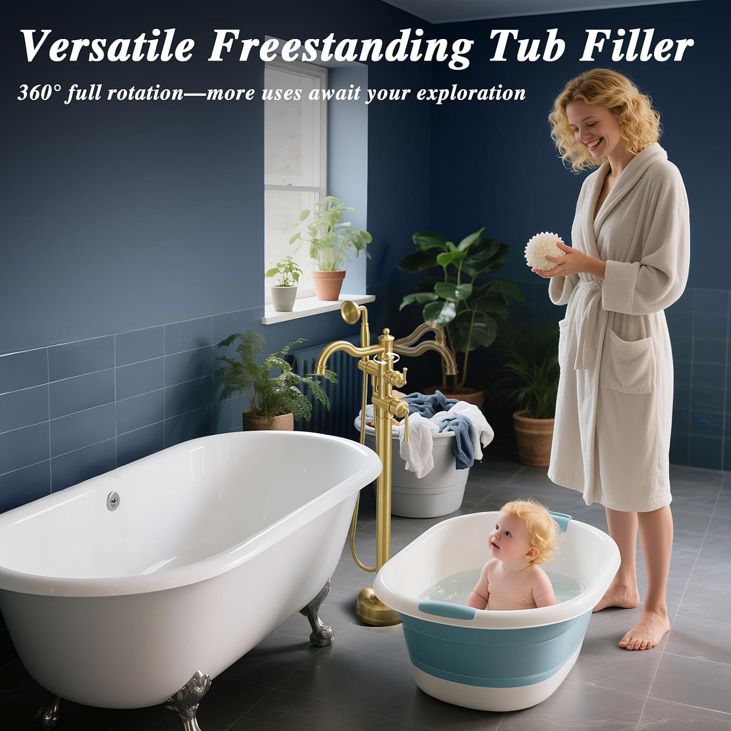 Free Standing Tub Faucet, Qinkell Classic Elegant Gooseneck Freestanding Bathtub Faucet with Sprayer Brass Luxury Floor Mount Bath Faucets High Flow Roman Tub Filler, Brushed Gold (QC-202511BG)