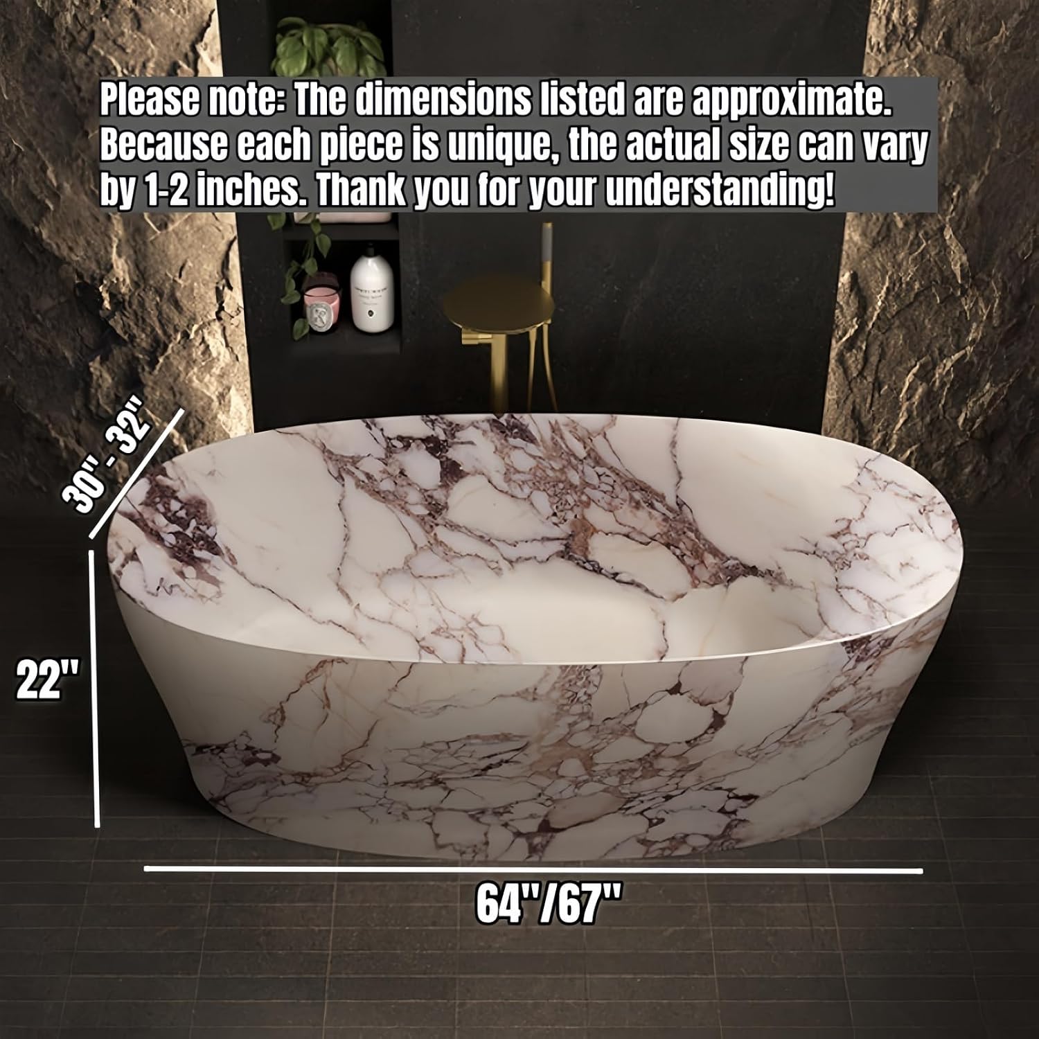 Freestanding Bathtub - Extra Deep Soaking Tub, Solid Surface With Marble-Style Polymer Stone, Free Standing Design For Modern Bathroom Spa Comfort (64',Marble pattern)