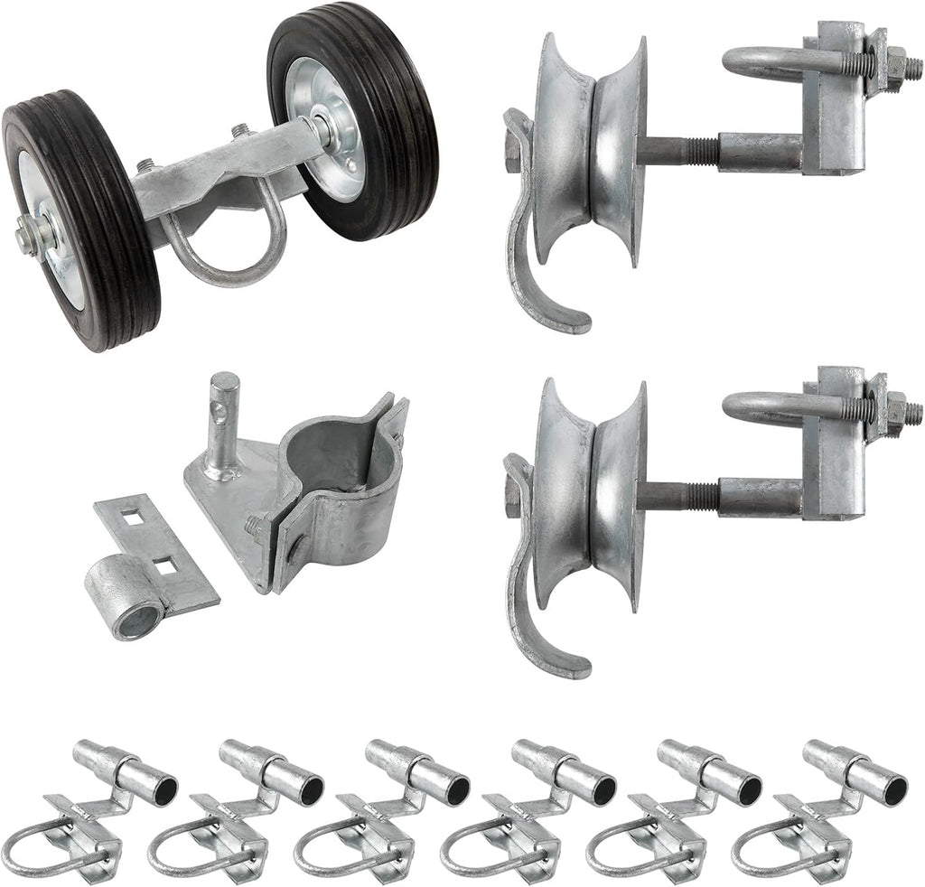 6' Sliding Gate Hardware Kit for Chain Link Fence, Heavy Duty Rolling Gate Kit with 2 Track Wheels, 6 Wall Mounted Brackets, 1 Rolo Latch, Galvanized Steel
