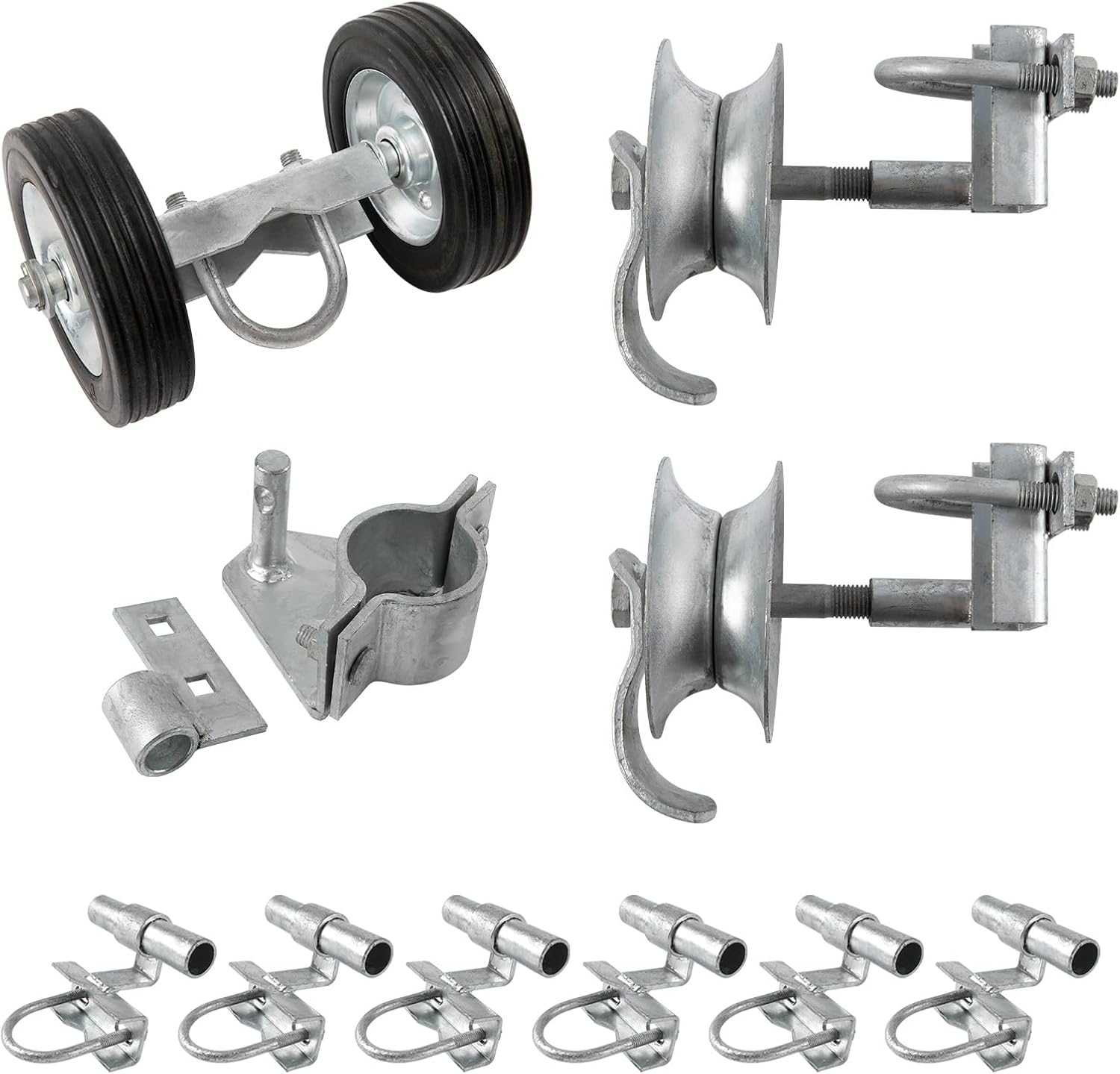 6' Sliding Gate Hardware Kit for Chain Link Fence, Heavy Duty Rolling Gate Kit with 2 Track Wheels, 6 Wall Mounted Brackets, 1 Rolo Latch, Galvanized Steel