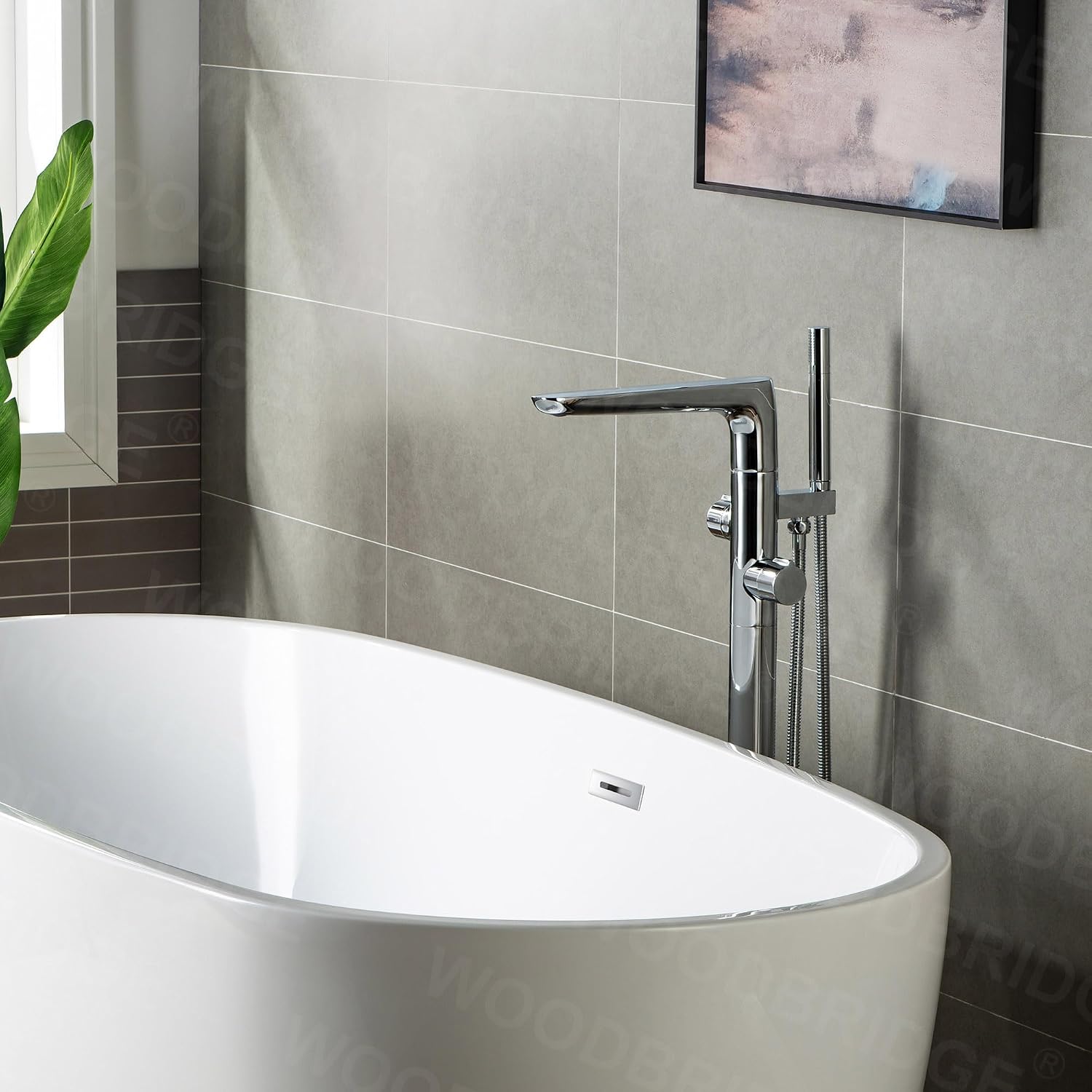 WOODBRIDGE Contemporary Single Handle Floor Mount Freestanding Tub Filler Faucet with Hand shower in Chrome Finish,F0013CH