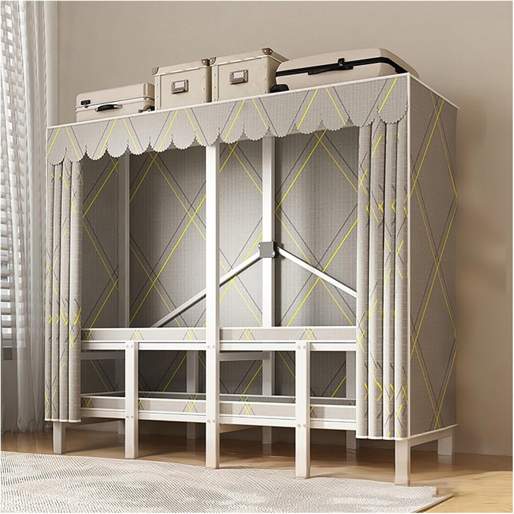 Foldable Clothes Hanger With Cover, Portable Metal Wardrobe Closets, One-Piece Folding Base, Metal Clothing Rack Cotton Cover, Garment Rack With Hanging Rods(Brown,145cm/57.1inch)