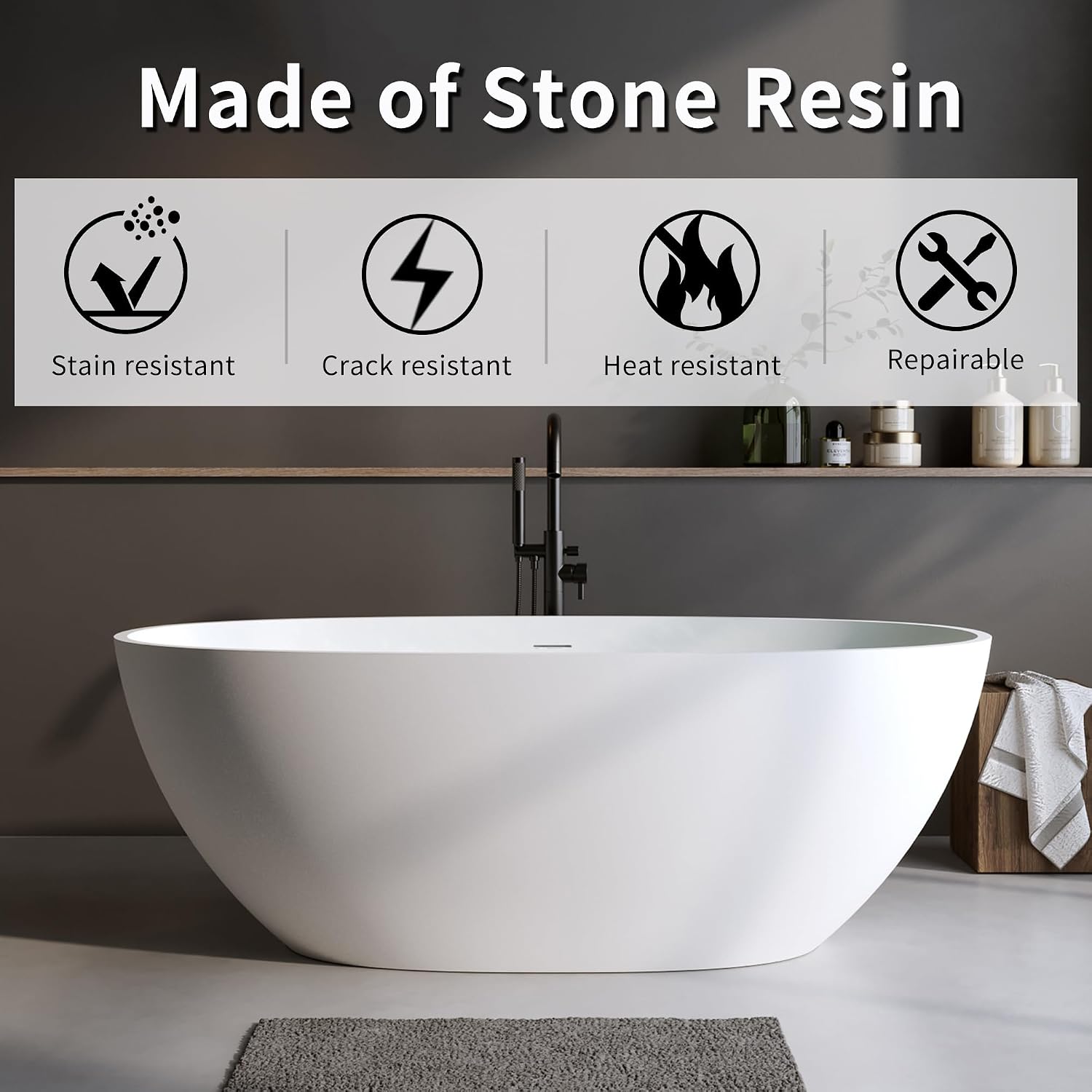 59' Stone Resin Freestanding Bathtub, Oval Shape Solid Surface Bathroom Freestanding Tubs, Stand Alone Soaking Tubs with Integrated Slotted Overflow and Drain, Matte White