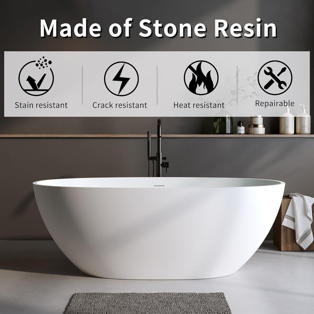 66.9' Stone Resin Freestanding Bathtub, Oval Shape Solid Surface Bathroom Freestanding Tubs, Stand Alone Soaking Tubs with Integrated Slotted Overflow and Drain, Matte White