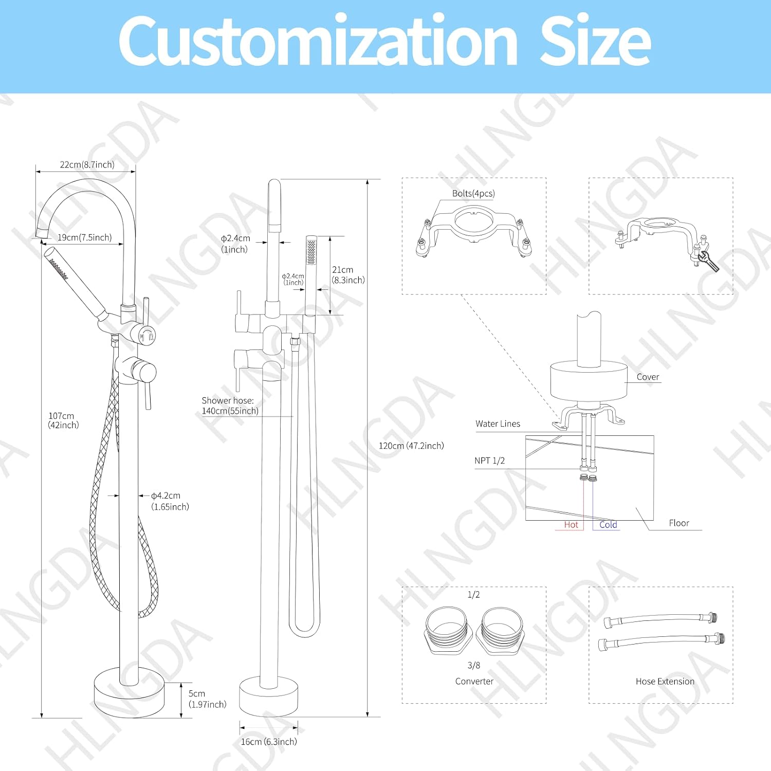 Freestanding Bathtub Faucet,Tub Filler Floor Mount Stand Bathtub Faucet Brass Bathroom Tub Faucets with 2 Function Hand Shower Wand Swivel Polished Chrome