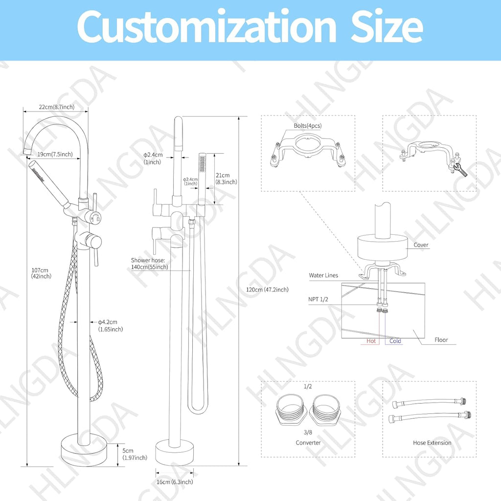 Freestanding Bathtub Faucet,Tub Filler Floor Mount Stand Bathtub Faucet Brass Bathroom Tub Faucets with 2 Function Hand Shower Wand Swivel Brushed Gold