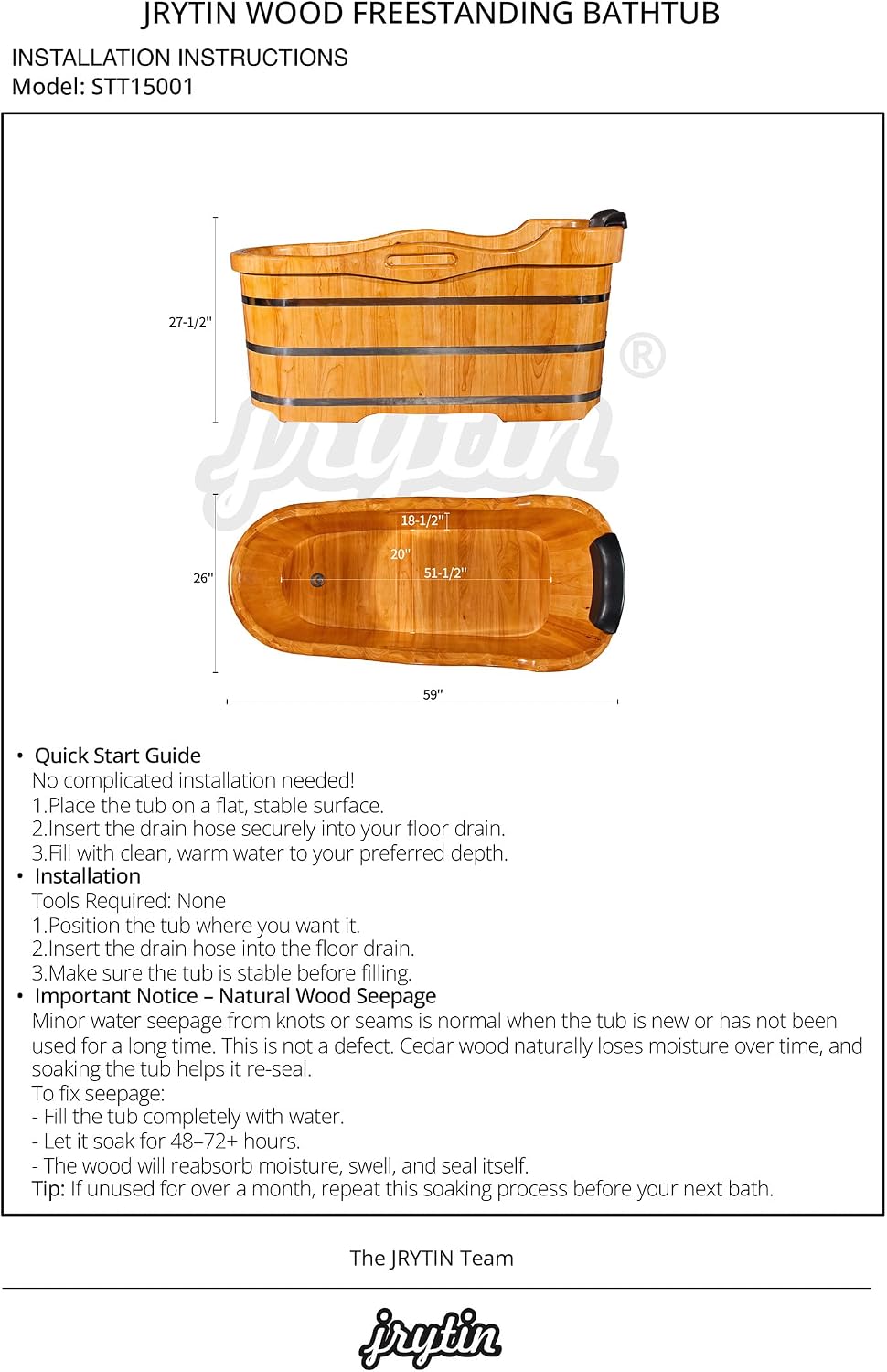 59' Freestanding Bathtub Wooden Soaking Tub Handcrafted Deep Soaking Bathtub with Wooden Handrails, Japanese Soaking Tub for Home Spa Relaxation, Freestanding Tub Wood Hot Tub STT15001