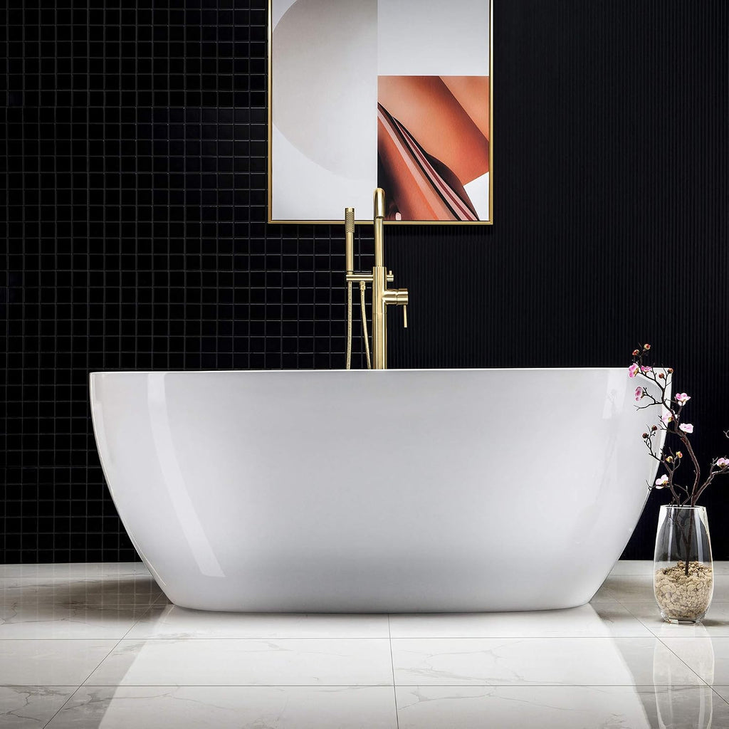 WOODBRIDGE 59'Freestanding White Acylic Soaking Bathtub with Brushed Gold Drain and Overflow,BTA1518 -BG-Drain &O