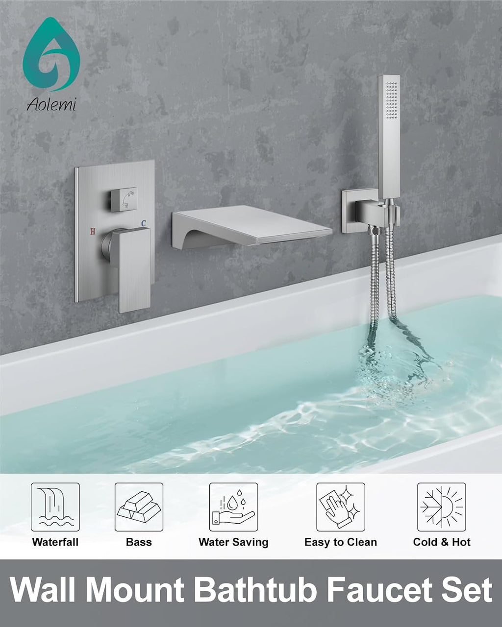 Aolemi Wall Mount Bathtub Faucet,Tub Faucet Set Waterfall Wall Mounted Tub Filler with Handheld Sprayer Single Handle,Brushed Nickel