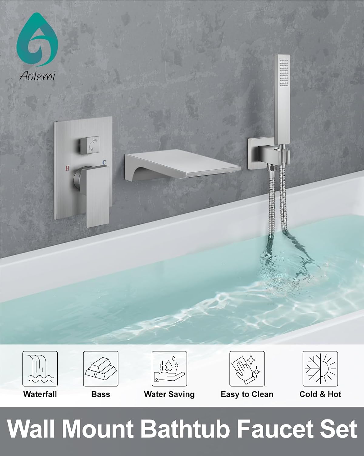 Aolemi Wall Mount Bathtub Faucet,Tub Faucet Set Waterfall Wall Mounted Tub Filler with Handheld Sprayer Single Handle,Brushed Nickel