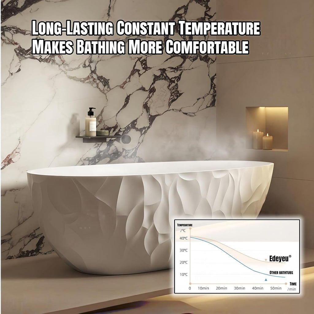 64' Edeyeu Luxury Freestanding Bathtub - Modern Soaker Tub Made of Premium PMMA Solid Surface, Extra Deep Freestanding Tub, Durable Stand Alone Bathtub for Contemporary Bathroom Design Black