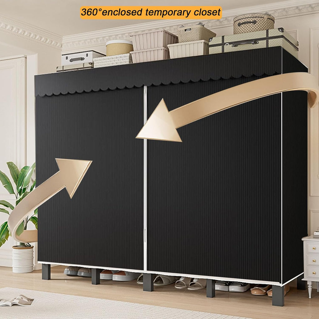 49.2in Portable Wardrobe Closet for Hanging Clothes Folding Heavy Duty Clothes Rack with Cover Large Covered Freestanding Foldable Closets Bedroom Armoire Storage Garment Racks (black, 49.2in/125cm)