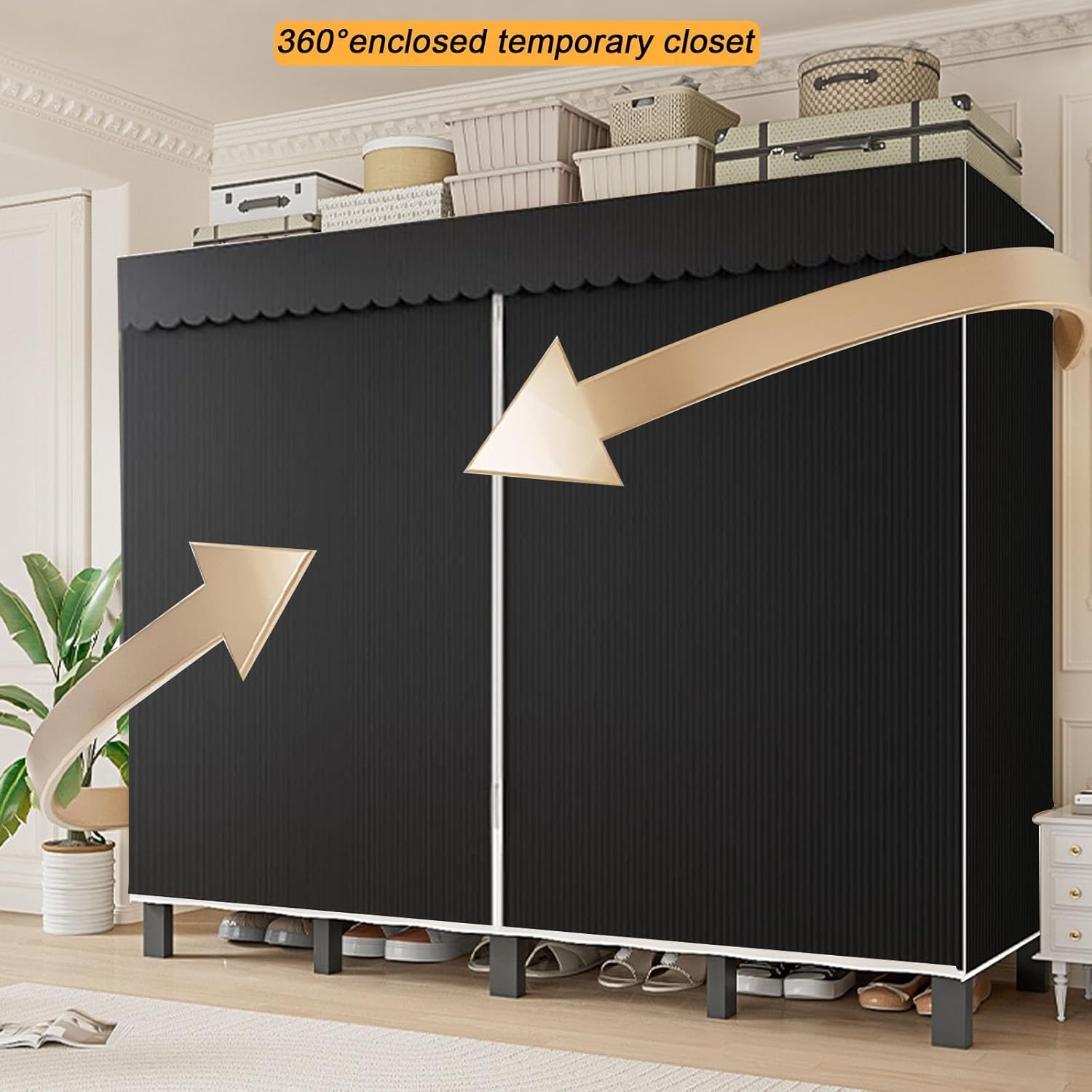 49.2in Portable Wardrobe Closet for Hanging Clothes Folding Heavy Duty Clothes Rack with Cover Large Covered Freestanding Foldable Closets Bedroom Armoire Storage Garment Racks (black, 49.2in/125cm)