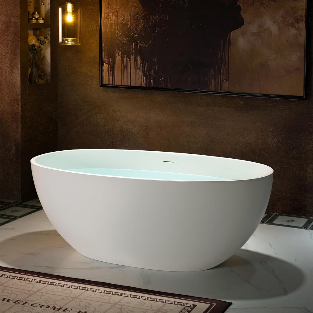 WOODBRIDGE 59' Stone Resin Freestanding Soaking Tub, Modern Oval Solid Surface Bathtub with Integrated Slotted Overflow & Drain, Matte White, B0055