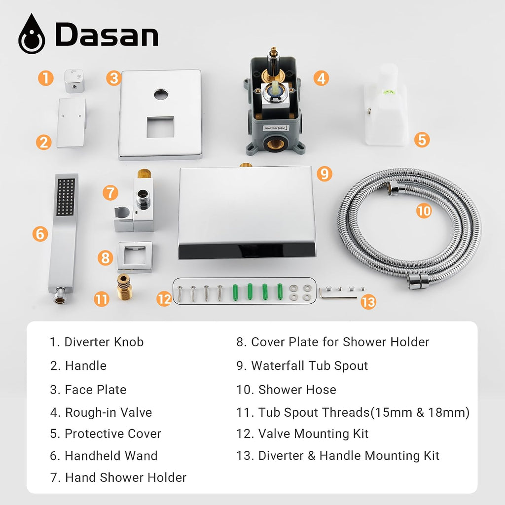 Upgraded Wall Mount Tub Filler Faucet with Handheld Shower, DASAN Modern Wall Mounted Bathtub Faucet Chrome High Flow Waterfall Tub Faucet with Rough in Valve, SA-TF04WH-PC