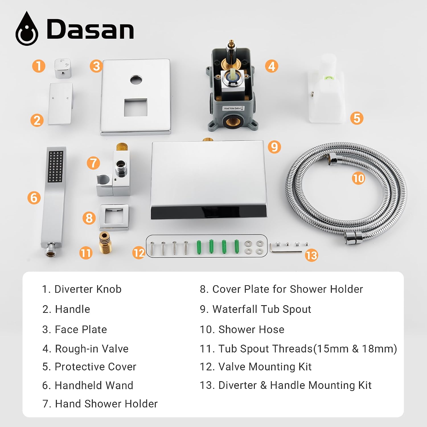 Upgraded Wall Mount Tub Filler Faucet with Handheld Shower, DASAN Modern Wall Mounted Bathtub Faucet Chrome High Flow Waterfall Tub Faucet with Rough in Valve, SA-TF04WH-PC