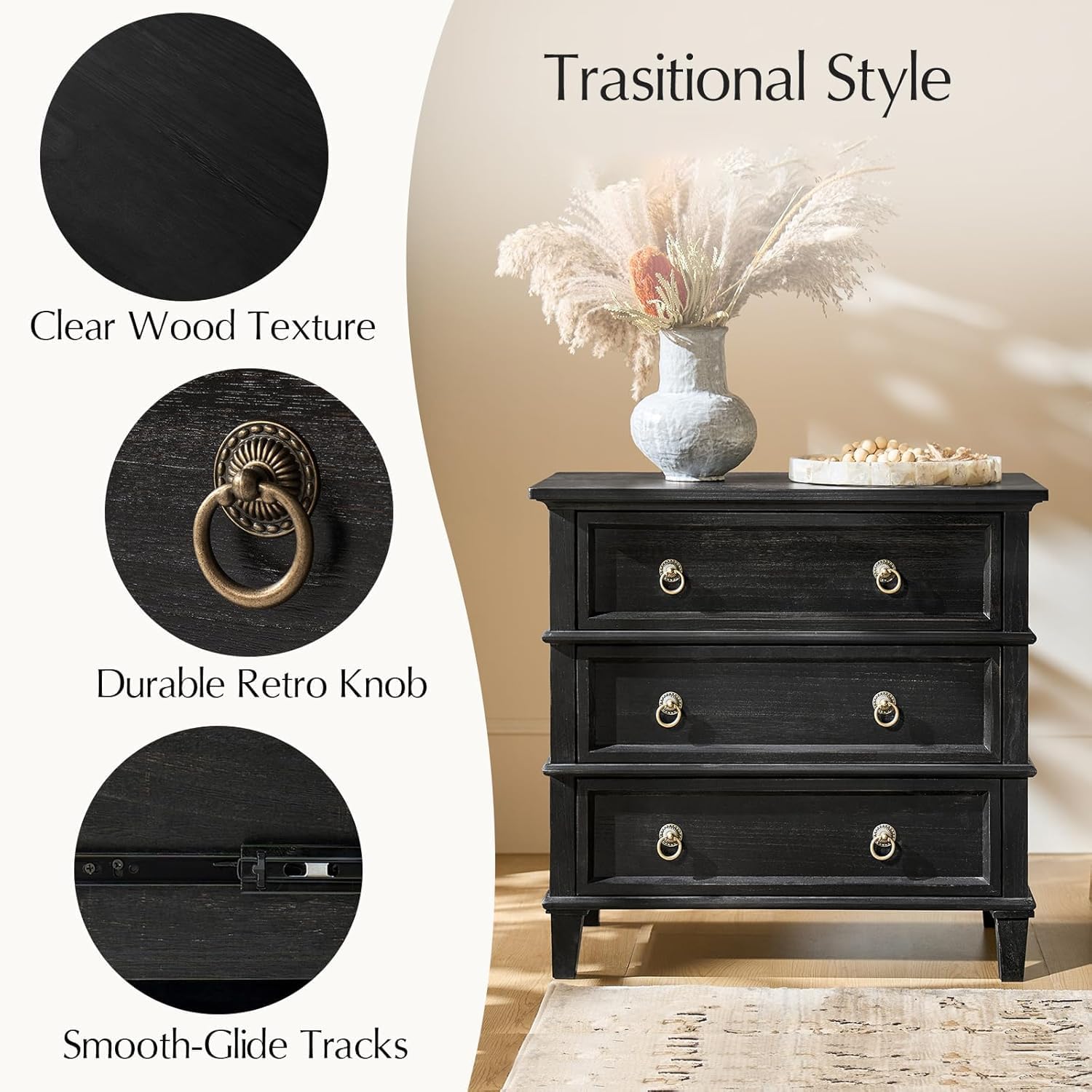 HULALA HOME Farmhouse End Tables Set of 2 with 3 Drawers, Paulownia Solid Wood Side Table with Vintage Knobs, Ancient End Table with Charging Station, Easy Assembly, Charcoal