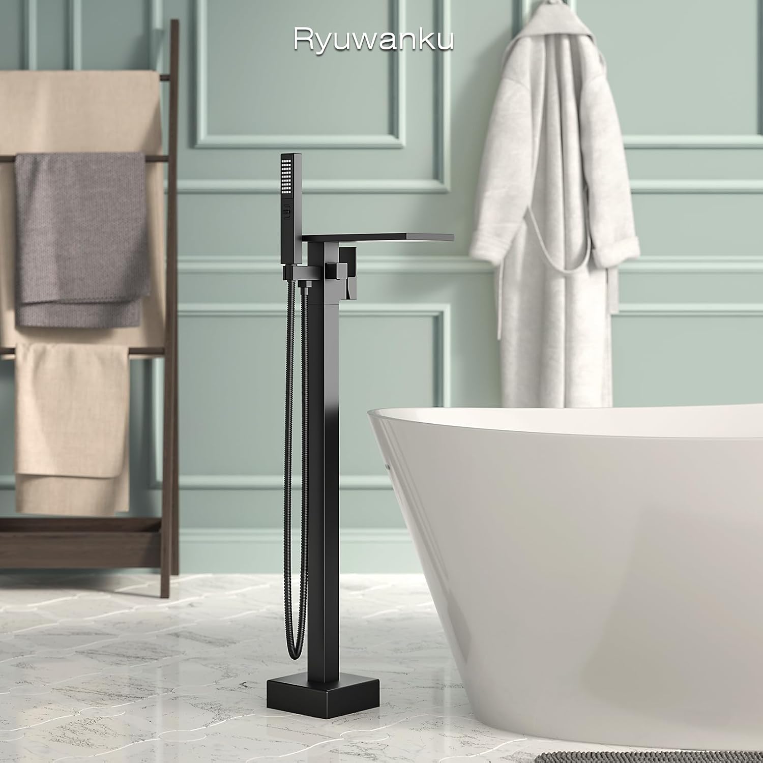 Freestanding Bathtub Faucet with Handheld Sprayer, Matte Black Floor Mount Tub Filler, High Flow Waterfall Brass Bath Shower Faucet for Modern Bathroom