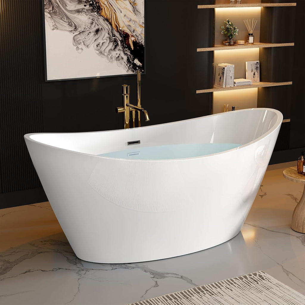 Empava 59' Freestanding Bathtub, Luxury Acrylic Soaking Tub with Custom Contemporary Design, Includes Brushed Nickel Drain and Overflow, Easy Installation, cUPC Certified, White