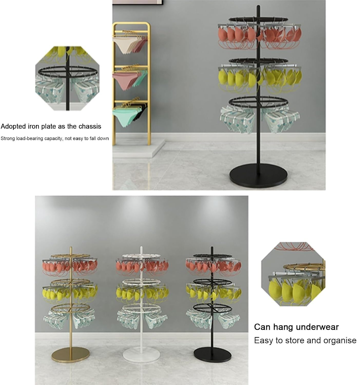 Customize what you need Clothing Store Underwear Rack, Retail Store Panty Shorts Bra Display Stand, 3/4 tiers Floor-standing Garment Hanger Organizer for Shoppi(Gold 3 Tiers)