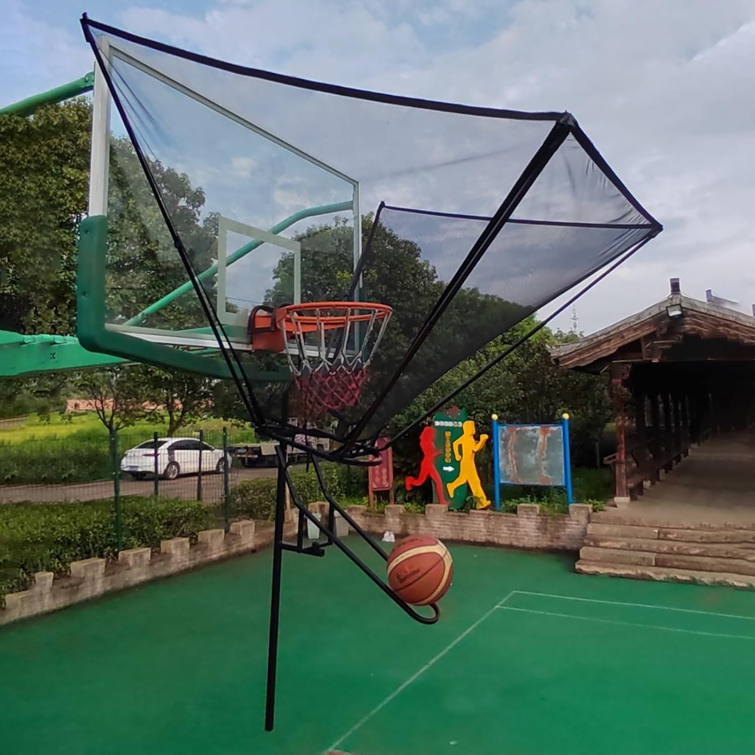 Basketball Hoop Outdoor Net Catcher Return System, 180° Rotatable Basketball Rebounder for Court Inside Training Camp, Shooting Practice Attachment Easy to Set Up