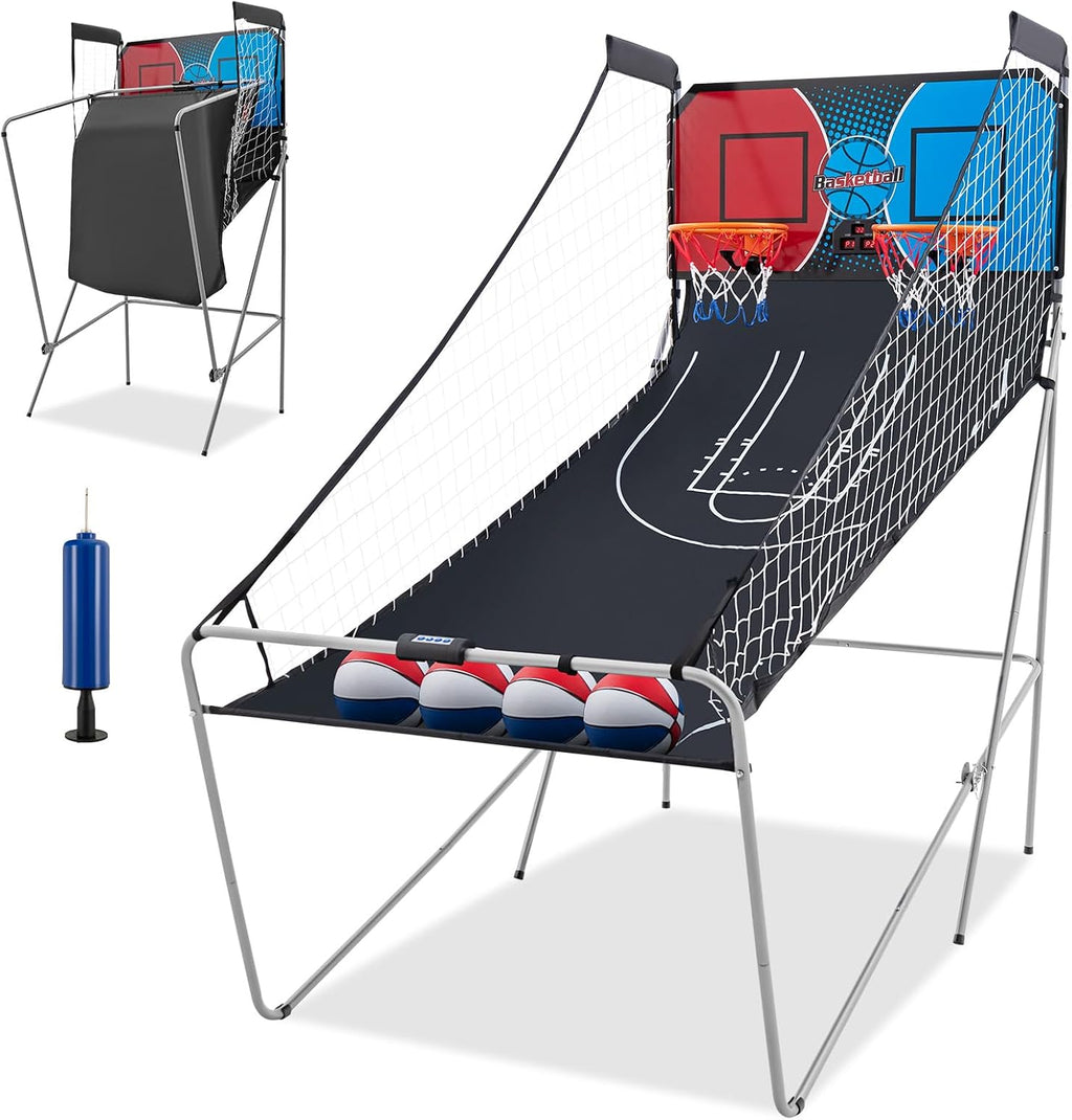 Goplus Foldable Dual Shot Basketball Arcade Game, Electronic Basketball Hoop w/LCD Scoreboard, 8 Game Modes, 4 Balls, Indoor Outdoor Basketball Game Machine for Adults (Red+Navy)