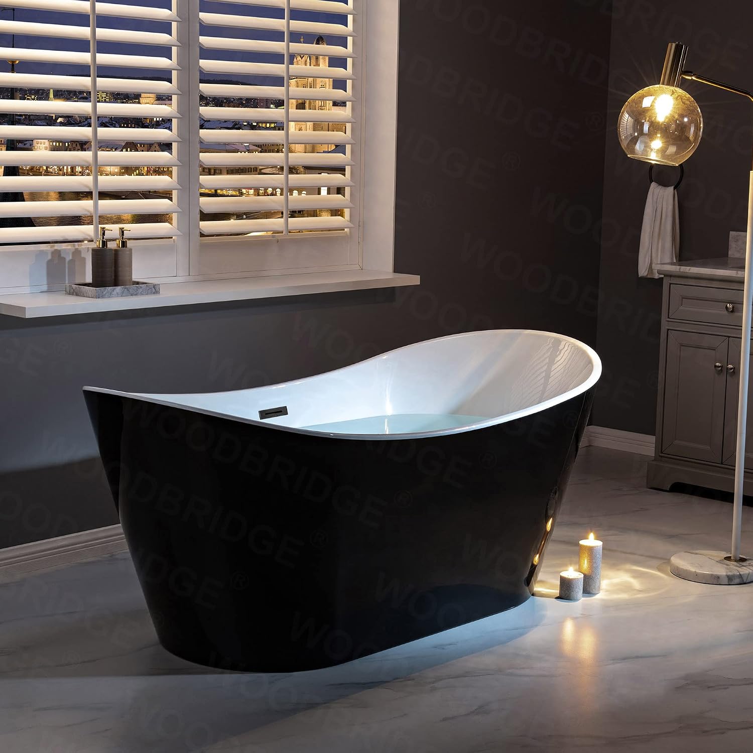 WOODBRIDGE 67' Acrylic Freestanding Bathtub Contemporary Soaking Tub with Mattle Black Overflow and Drain,Black