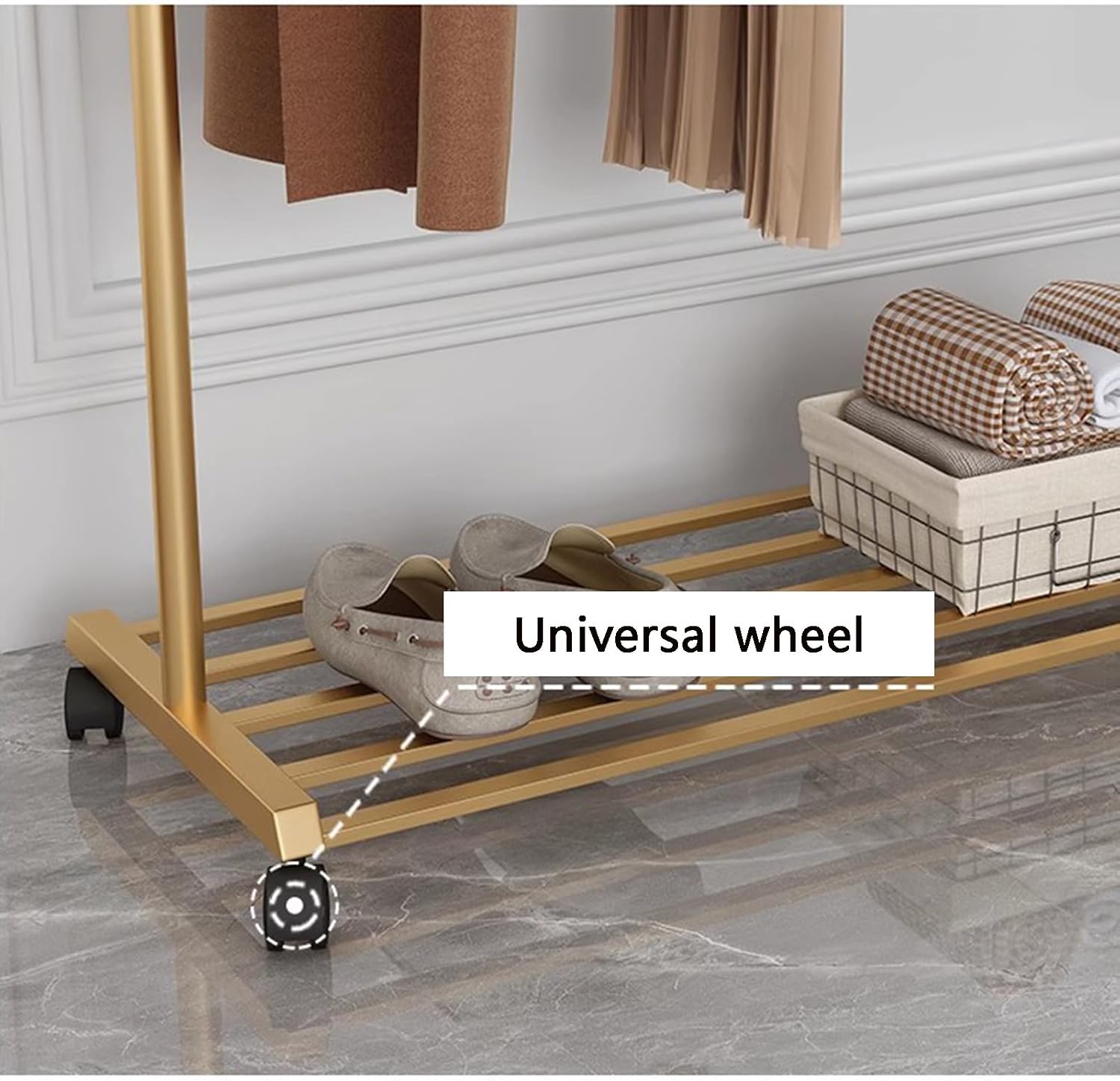 Heavy duty Garment rack Modern Golden Clothing Rack On Wheel, Freestanding Metal Coat Rack With Hooks And Shelves, Space-saving Coats Hanger Stand For Hanging Clothes, Bedroom Clothes Organizer ( 100